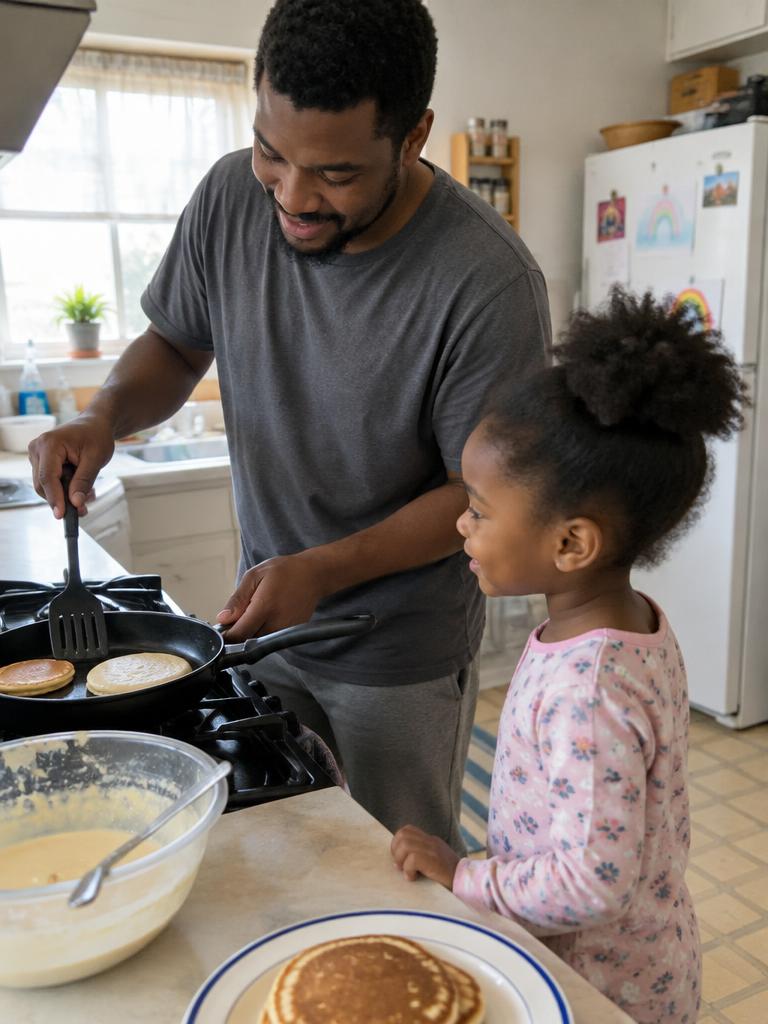A father making pancakes with his young daughter in their kitchen