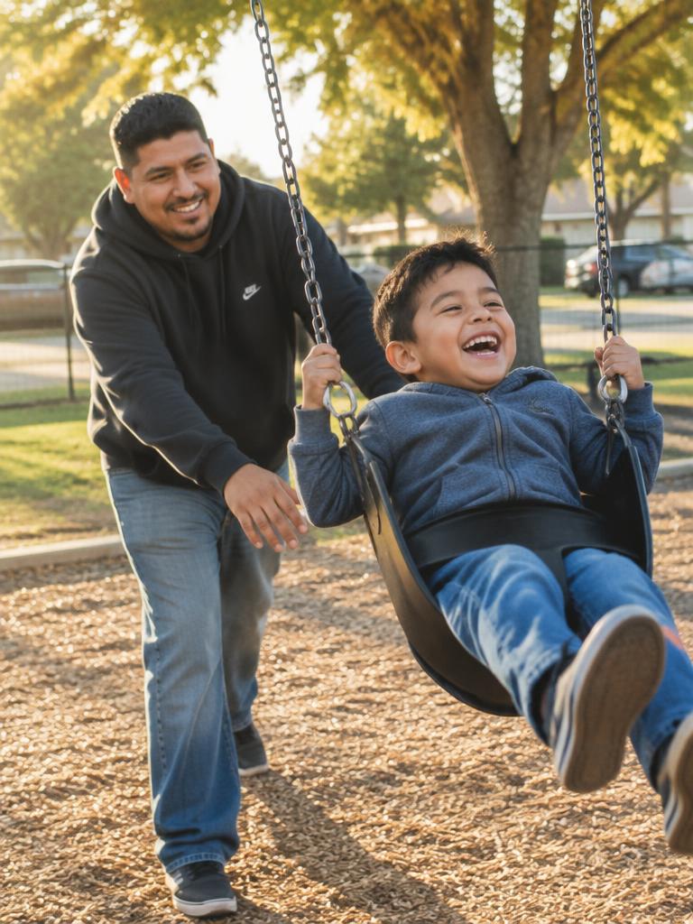 A father pushing his laughing son on a swing at a neighborhood park