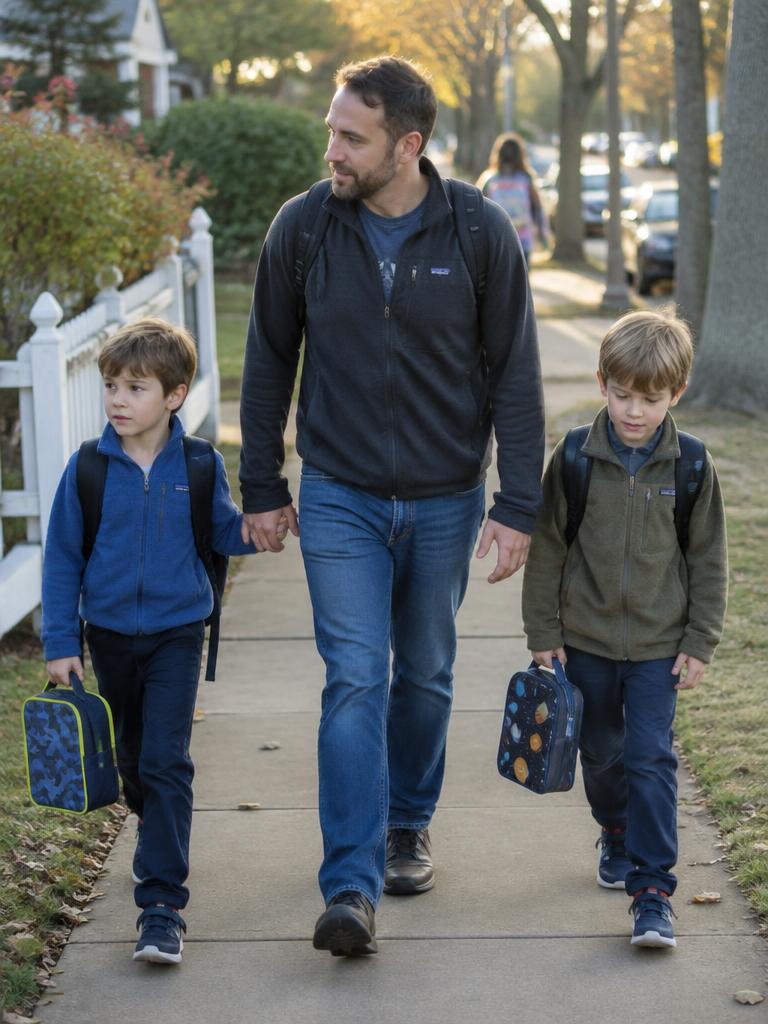 A father walking his two sons to school, carrying backpacks and lunchboxes along a sidewalk